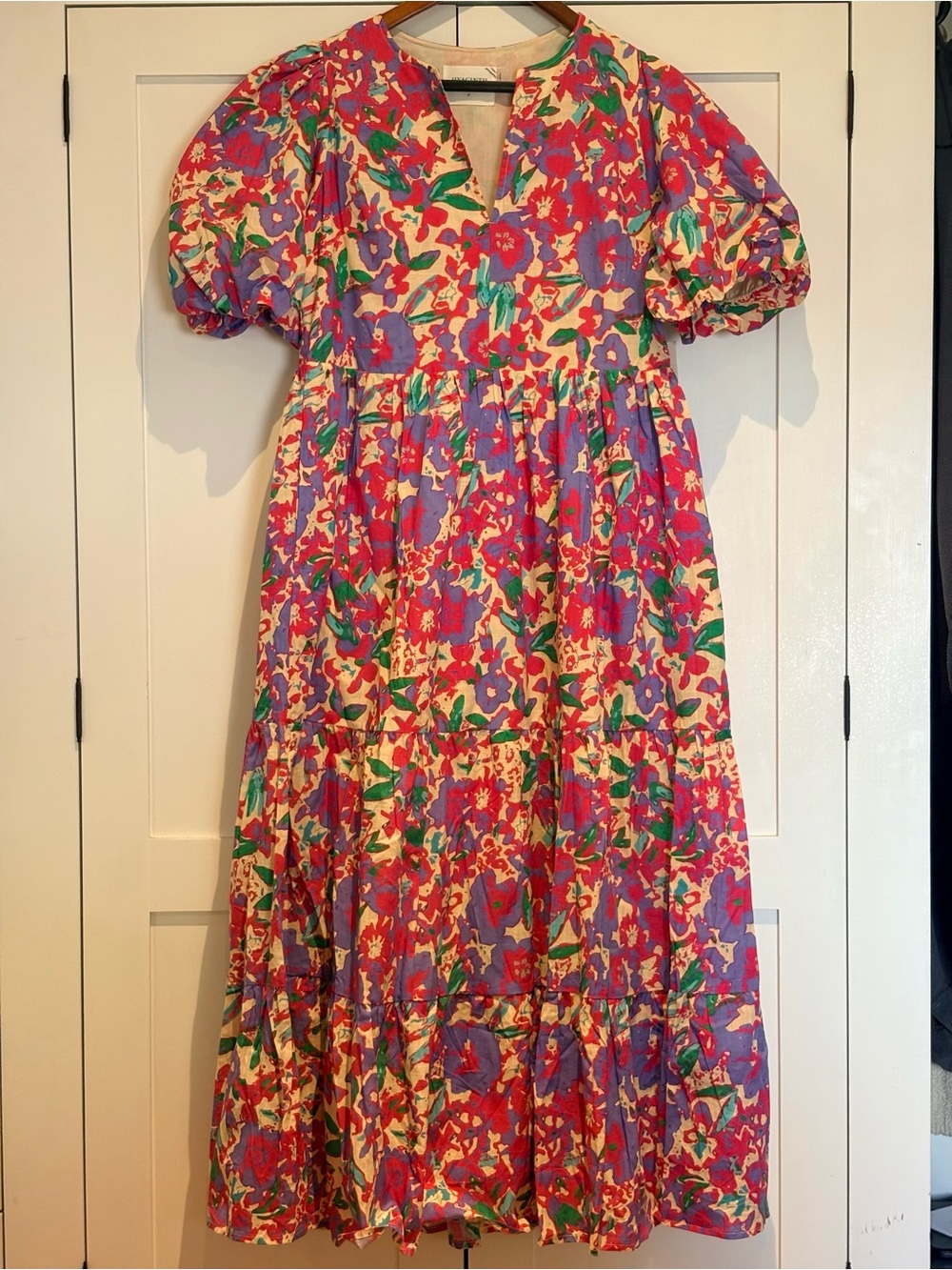 Vibrant Floral Puff-Sleeve Maxi Dress in Pink & Purple